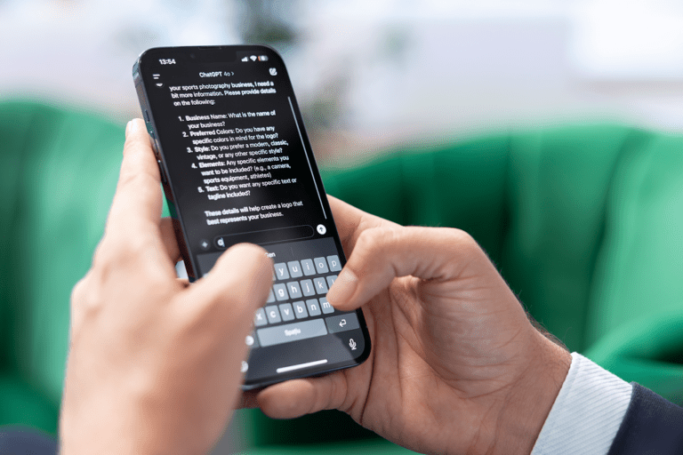 Une personne tape une recherche sur l'application mobile de ChatGPT