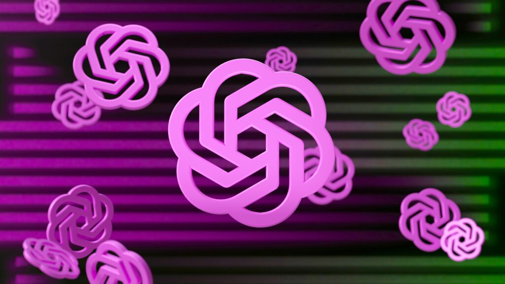 Plusieurs logos openAI en 3d qui flottent au dessus d'un fond violet et vert