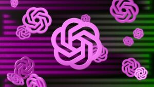 Plusieurs logos openAI en 3d qui flottent au dessus d'un fond violet et vert