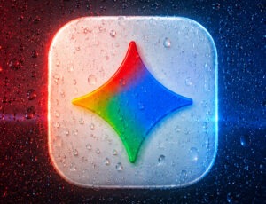 Logo Google Gemini avec effet arc-en-ciel et gouttes d'eau - Optimisation GEO et SEO pour l'IA générative
