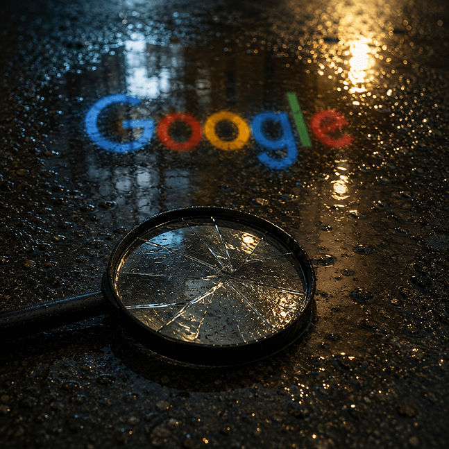 une loupe cassée et le logo de Google pour symboliser le mec de visibilité en SEO